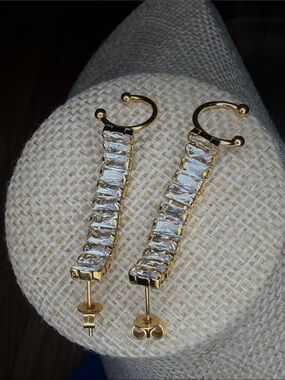 Gold-Tone Clear Crystal Drop Hoop Earrings with Cuff